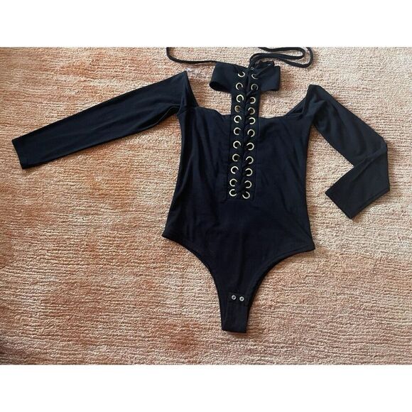 LOVE UNIVERSITY Black Long Sleeve Laceups Stretch Body Size L - Picture 1 of 8